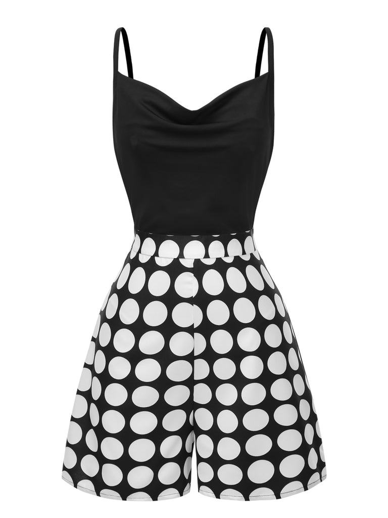 [Pre-Sale] Black 1940s Cowl Neck Polka Dots Romper