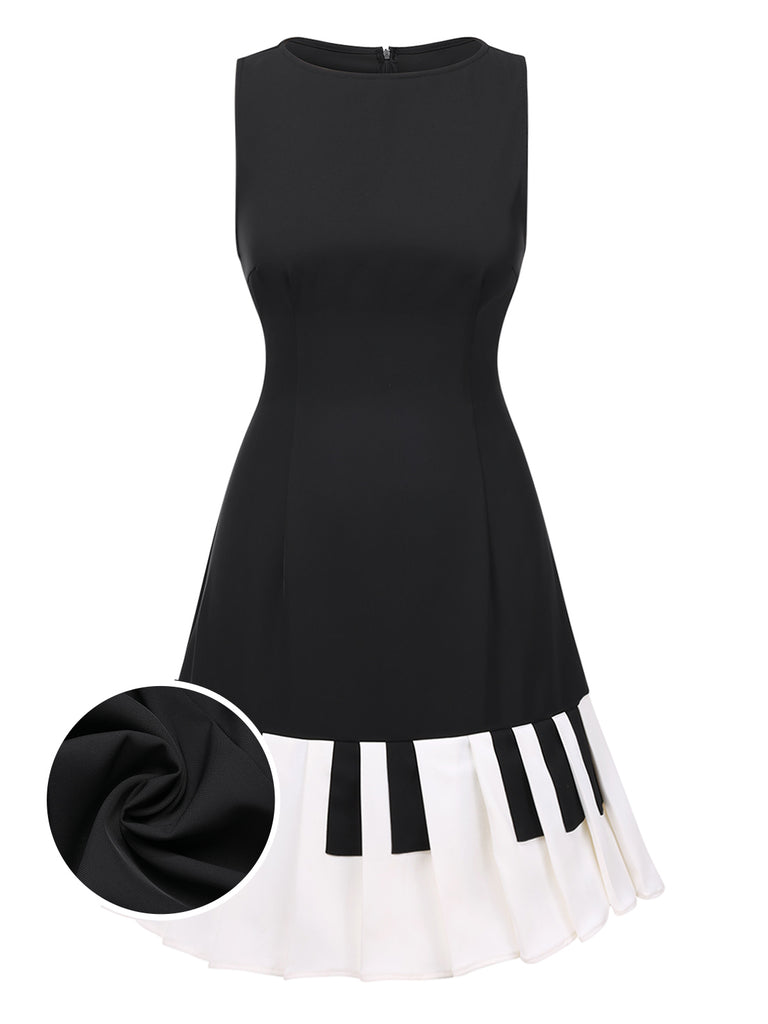 [Pre-Sale] Black 1960s Boat Neck Piano Key Patchwork Dress