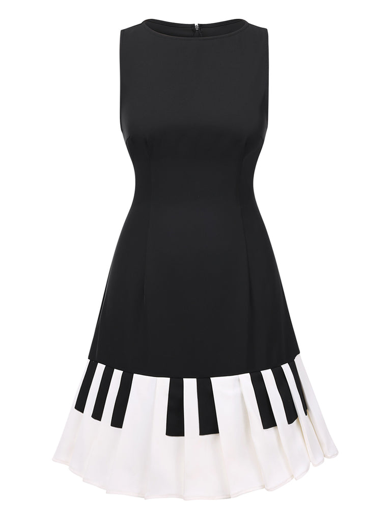 [Pre-Sale] Black 1960s Boat Neck Piano Key Patchwork Dress