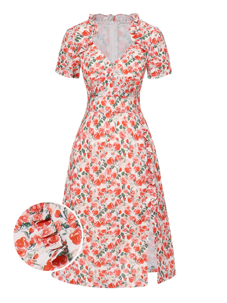 [Pre-Sale] 1940s Ruffles V-Neck Roses Side Slit Dress