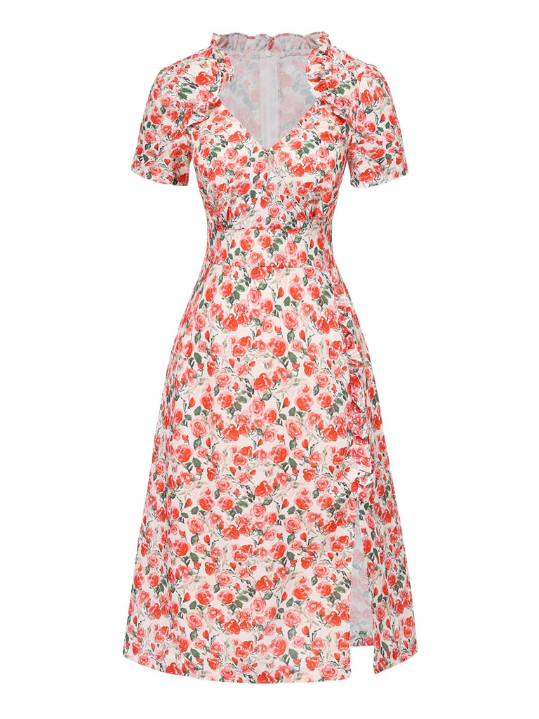[Pre-Sale] 1940s Ruffles V-Neck Roses Side Slit Dress