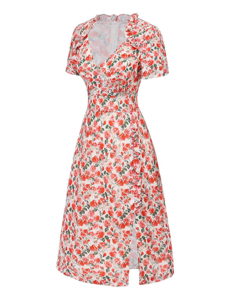 [Pre-Sale] 1940s Ruffles V-Neck Roses Side Slit Dress