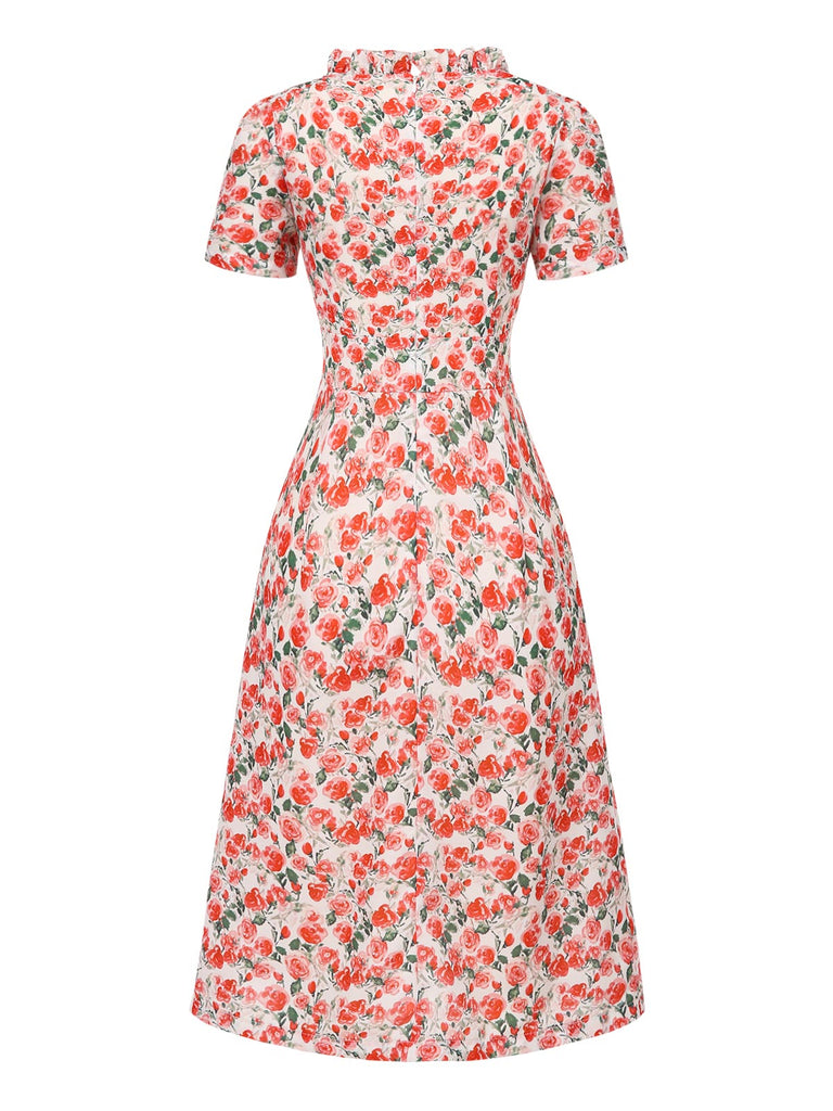 [Pre-Sale] 1940s Ruffles V-Neck Roses Side Slit Dress