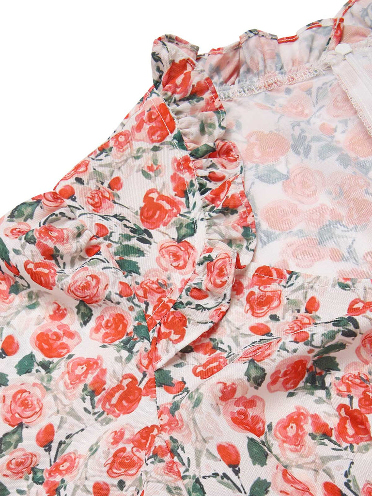 [Pre-Sale] 1940s Ruffles V-Neck Roses Side Slit Dress