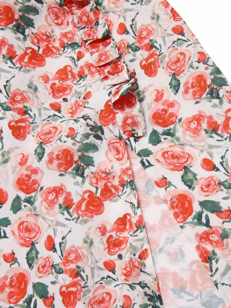 [Pre-Sale] 1940s Ruffles V-Neck Roses Side Slit Dress