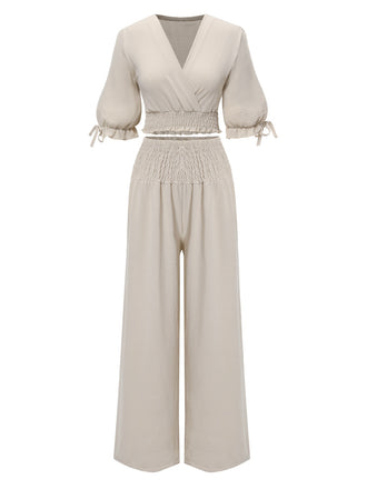2PCS 1930s Solid V-Neck Smocked Top & Wide-Leg Pants