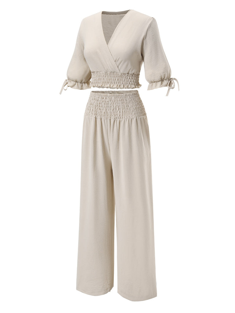 2PCS 1930s Solid V-Neck Smocked Top & Wide-Leg Pants