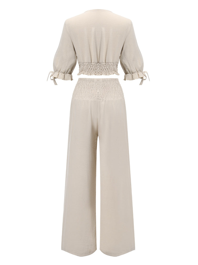 2PCS 1930s Solid V-Neck Smocked Top & Wide-Leg Pants