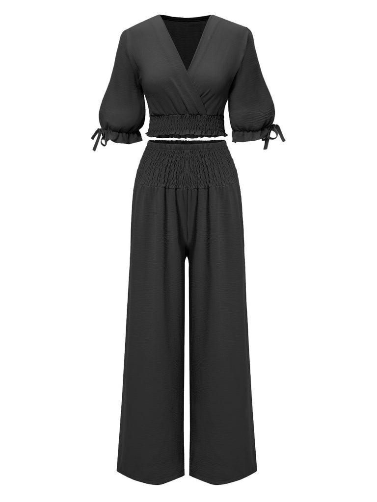 2PCS 1930s Solid V-Neck Smocked Top & Wide-Leg Pants