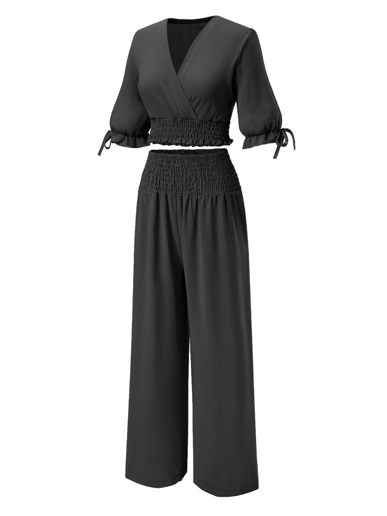 2PCS 1930s Solid V-Neck Smocked Top & Wide-Leg Pants