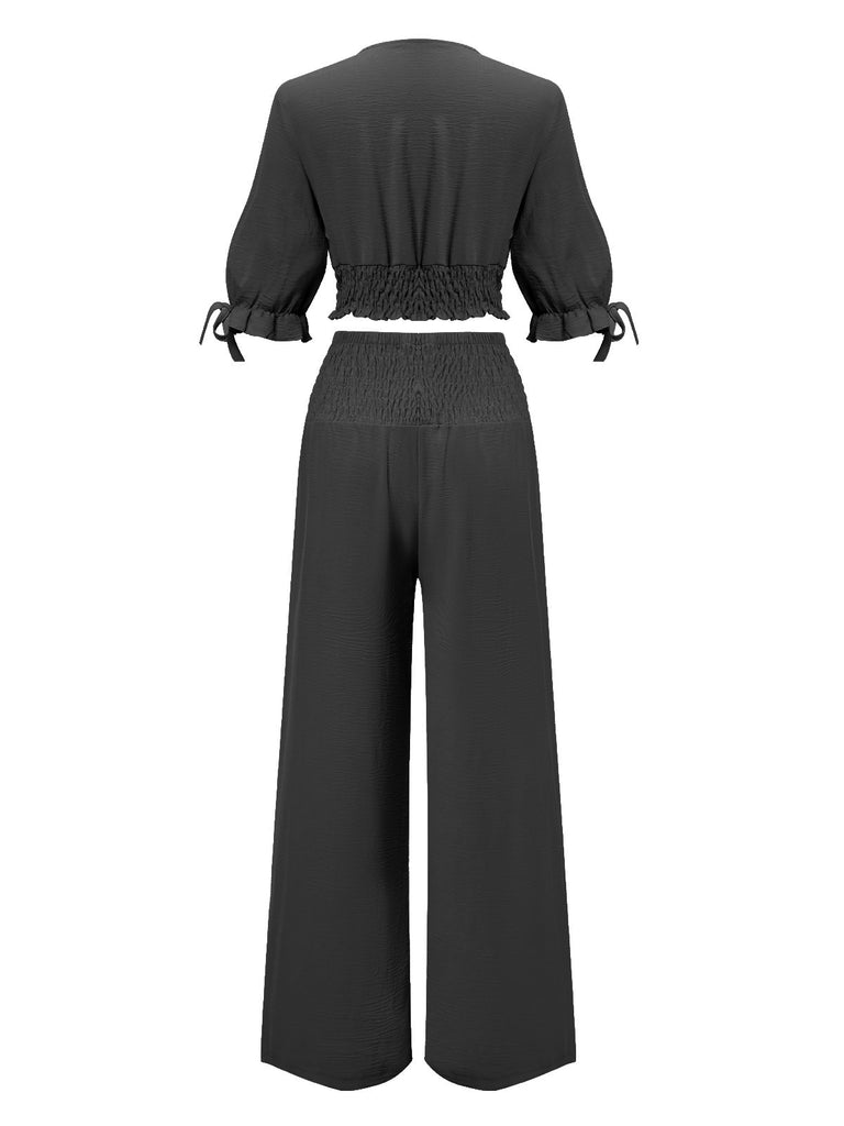 2PCS 1930s Solid V-Neck Smocked Top & Wide-Leg Pants