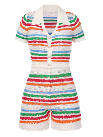 2PCS 1970s Knitted Rainbow Striped Top & Shorts