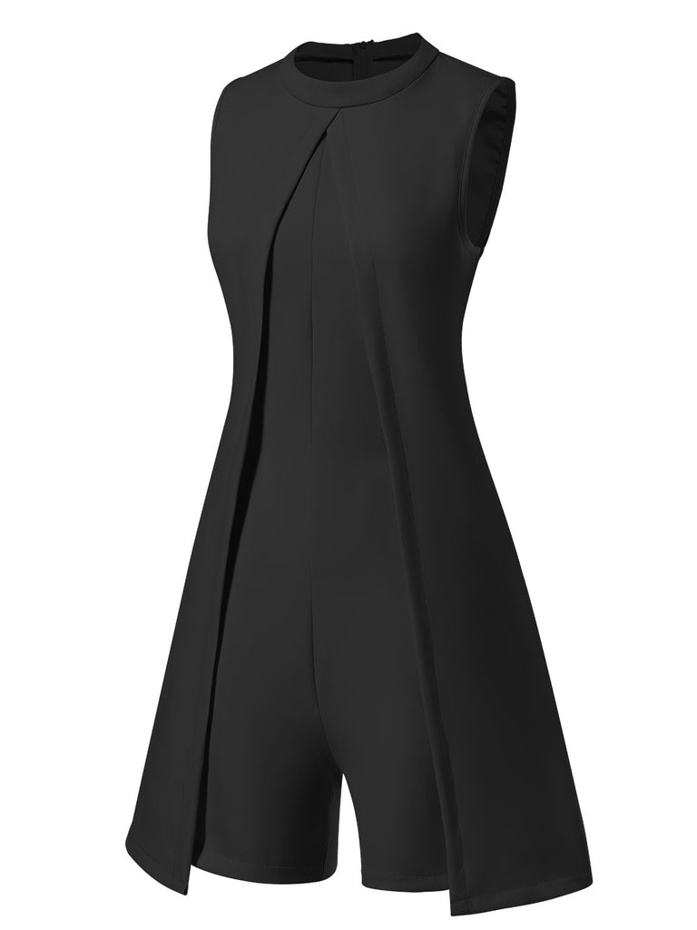1960s Solid Stand Collar Sleeveless Romper