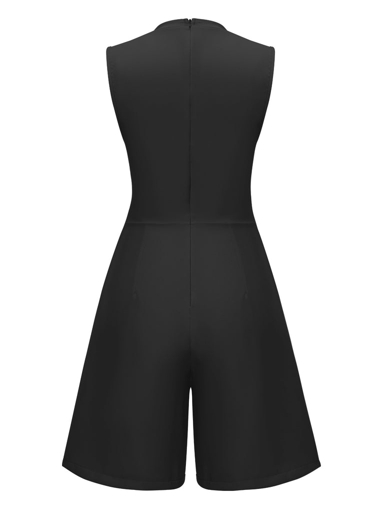 1960s Solid Stand Collar Sleeveless Romper