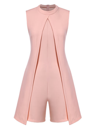 1960s Solid Stand Collar Sleeveless Romper