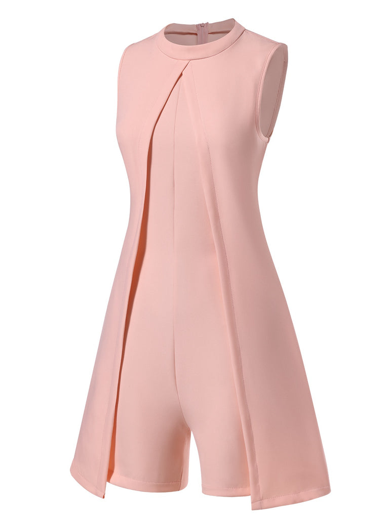 1960s Solid Stand Collar Sleeveless Romper