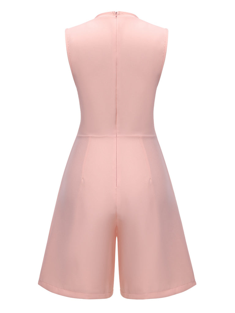 1960s Solid Stand Collar Sleeveless Romper