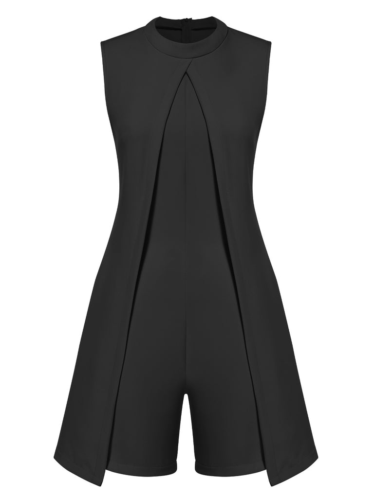 1960s Solid Stand Collar Sleeveless Romper