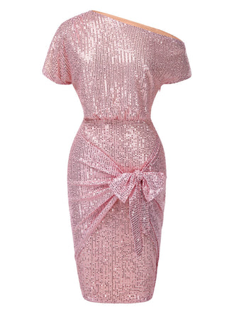 1960s Solid Sequined One-Shoulder Wrap Dress