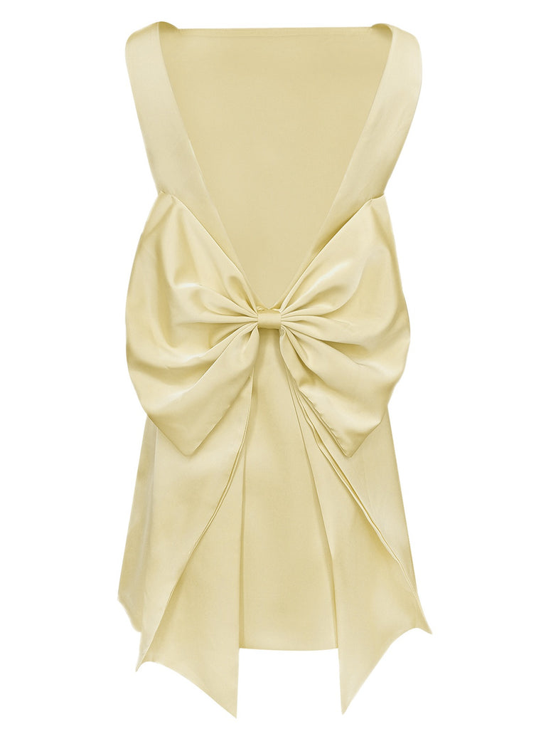 1960s Square Neck Back Bow Satin Dress