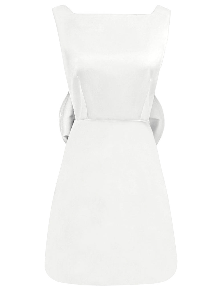 1960s Square Neck Back Bow Satin Dress