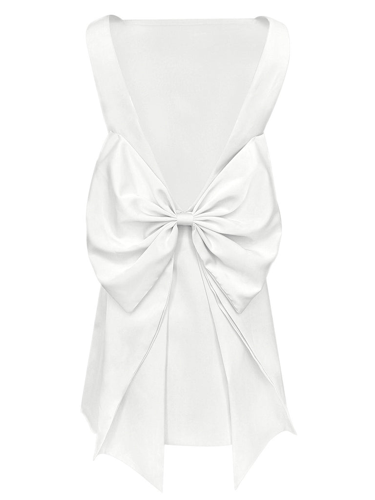 1960s Square Neck Back Bow Satin Dress