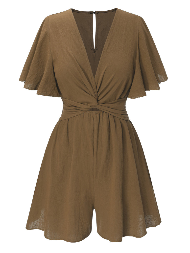 1950s Solid V-Neck Cotton Flounce Sleeve Romper