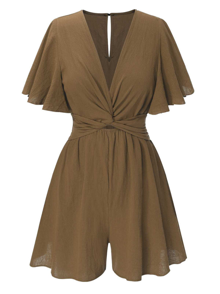 1950s Solid V-Neck Cotton Flounce Sleeve Romper