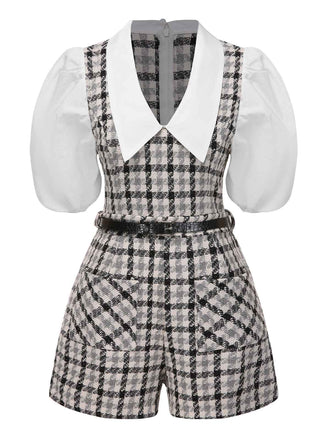 Black & White 1970s Lapel Plaid Belted Romper