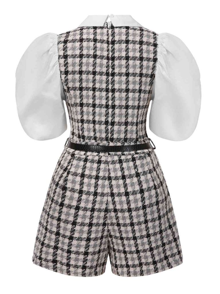 Black & White 1970s Lapel Plaid Belted Romper