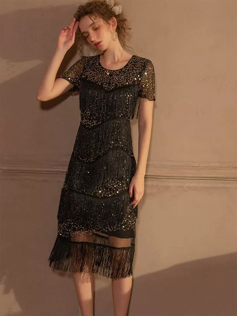Black 1920s Sequined Tassel Flapper Dress