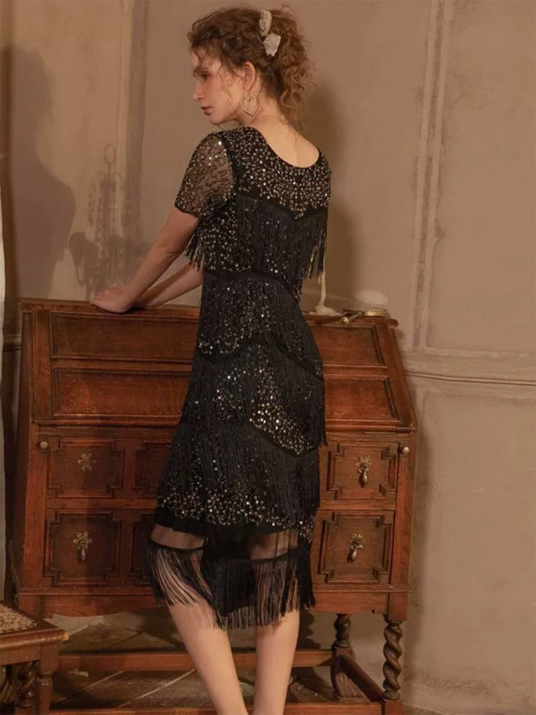 Black 1920s Sequined Tassel Flapper Dress