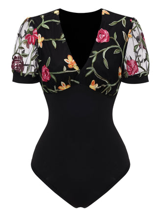 Black 1970s V-Neck Embroidered Floral Bodysuit