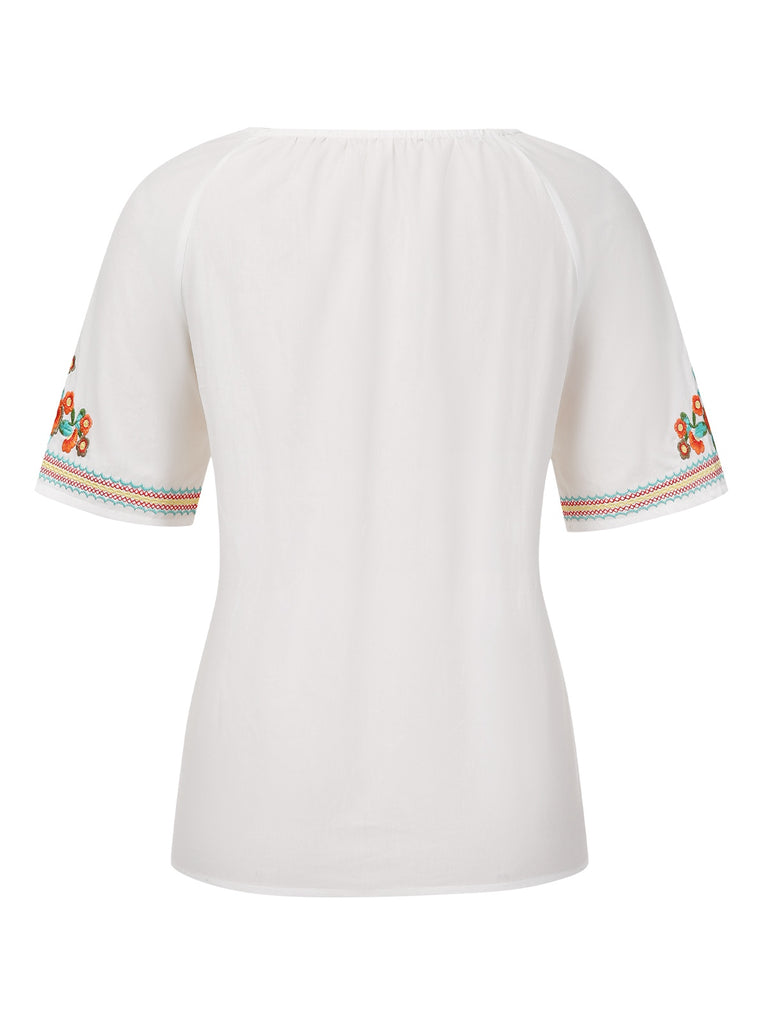 White 1970s Flower Embroidered Bohemian Top