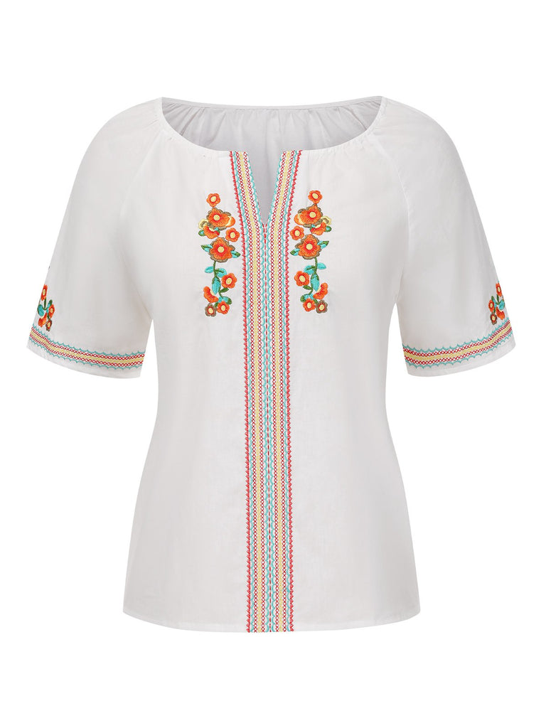 White 1970s Flower Embroidered Bohemian Top