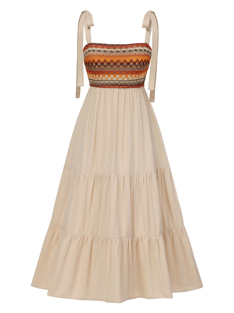 Beige 1970s Boho Style Shoulder Tie Dress