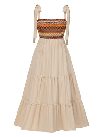 Beige 1970s Boho Style Shoulder Tie Dress
