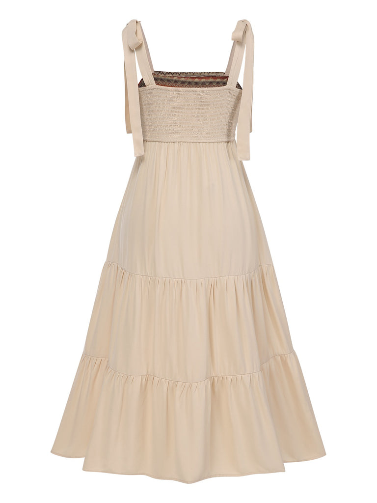 Beige 1970s Boho Style Shoulder Tie Dress