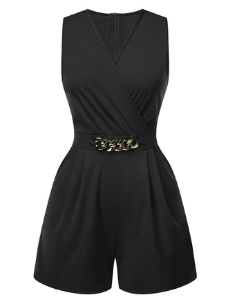 Solid 1960s Surplice V-Neck Sleeveless Chain Romper