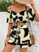 2PCS Black 1950s Geometric Off-Shoulder Drawstring Top & Shorts