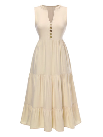Cream 1940s Button Sleeveless Tiered Dress