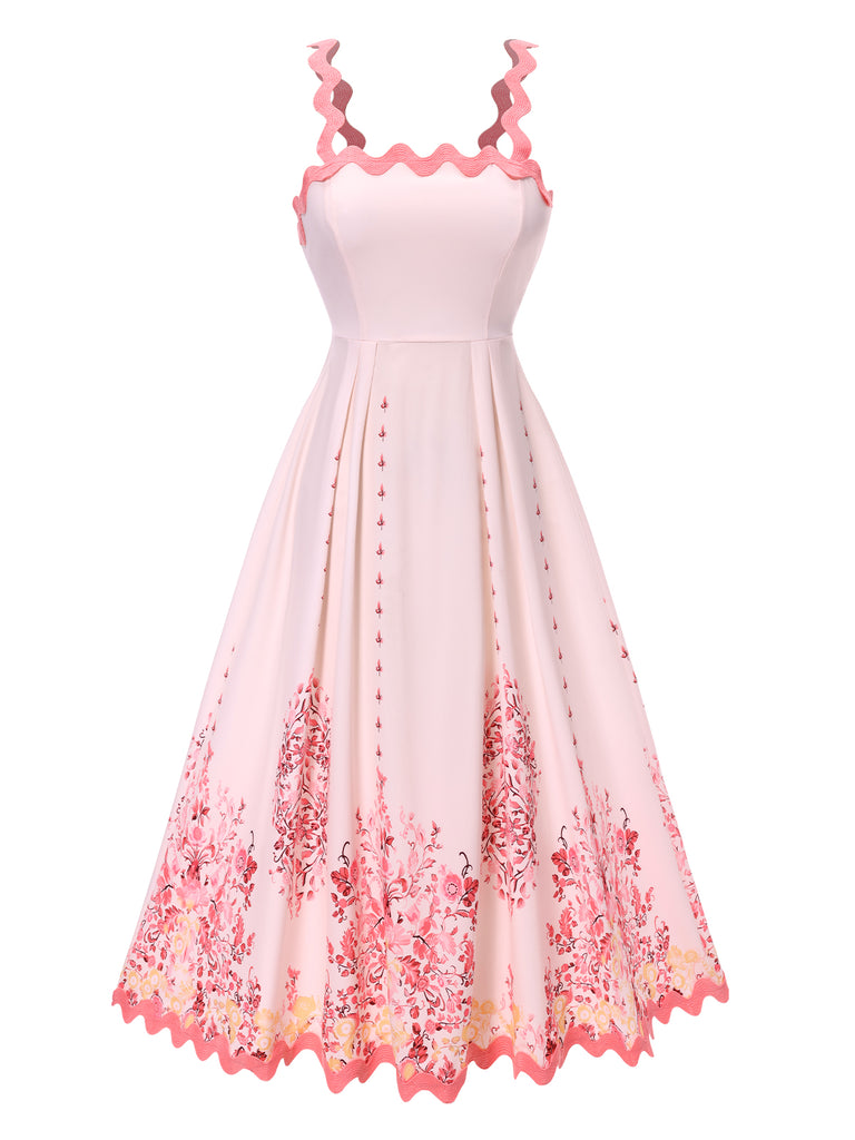 Pink 1950s Bohemia Floral Backless Spaghetti Straps Dress