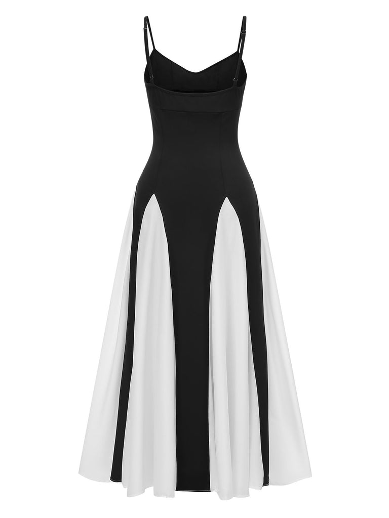 Black & White 1930s Solid Patchwork Maxi Dress