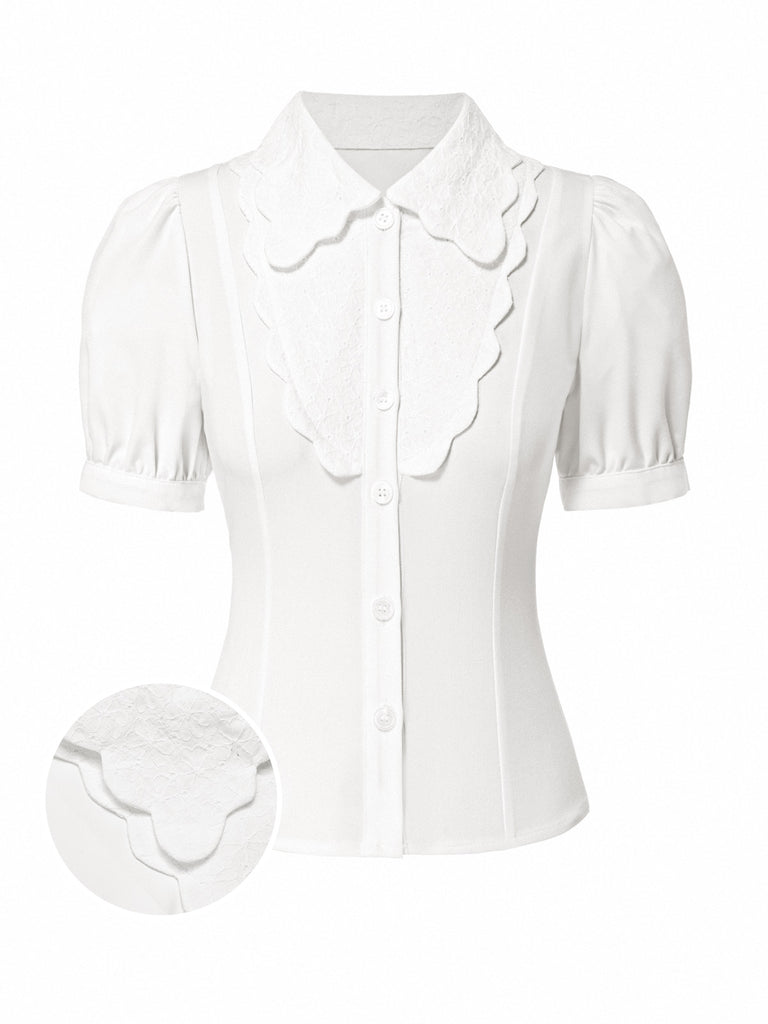 [Pre-Sale] White 1950s Cut-Out Lace Puff Sleeve Blouse