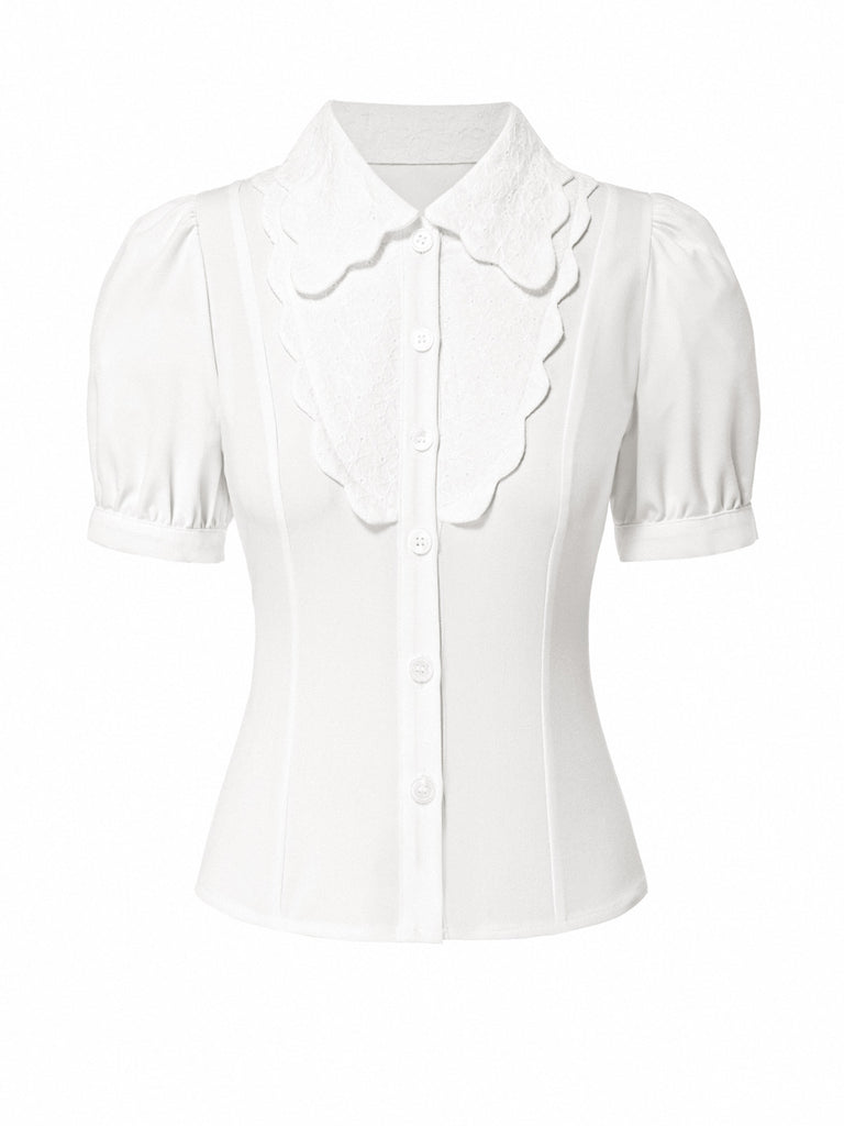 [Pre-Sale] White 1950s Cut-Out Lace Puff Sleeve Blouse