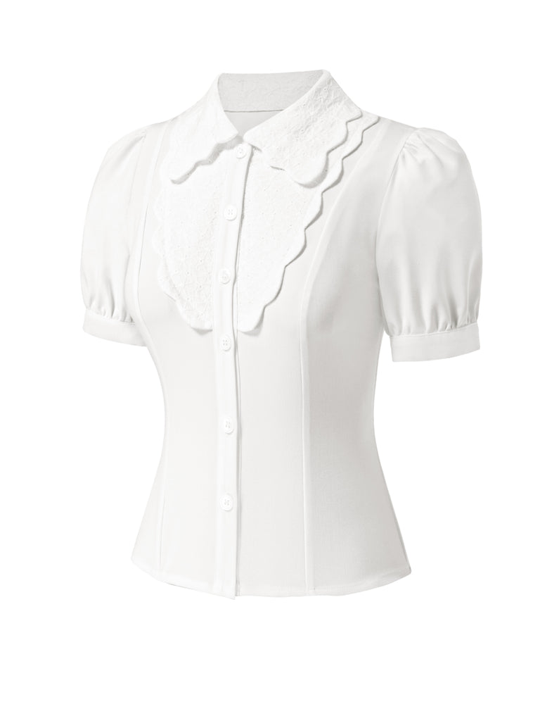 [Pre-Sale] White 1950s Cut-Out Lace Puff Sleeve Blouse