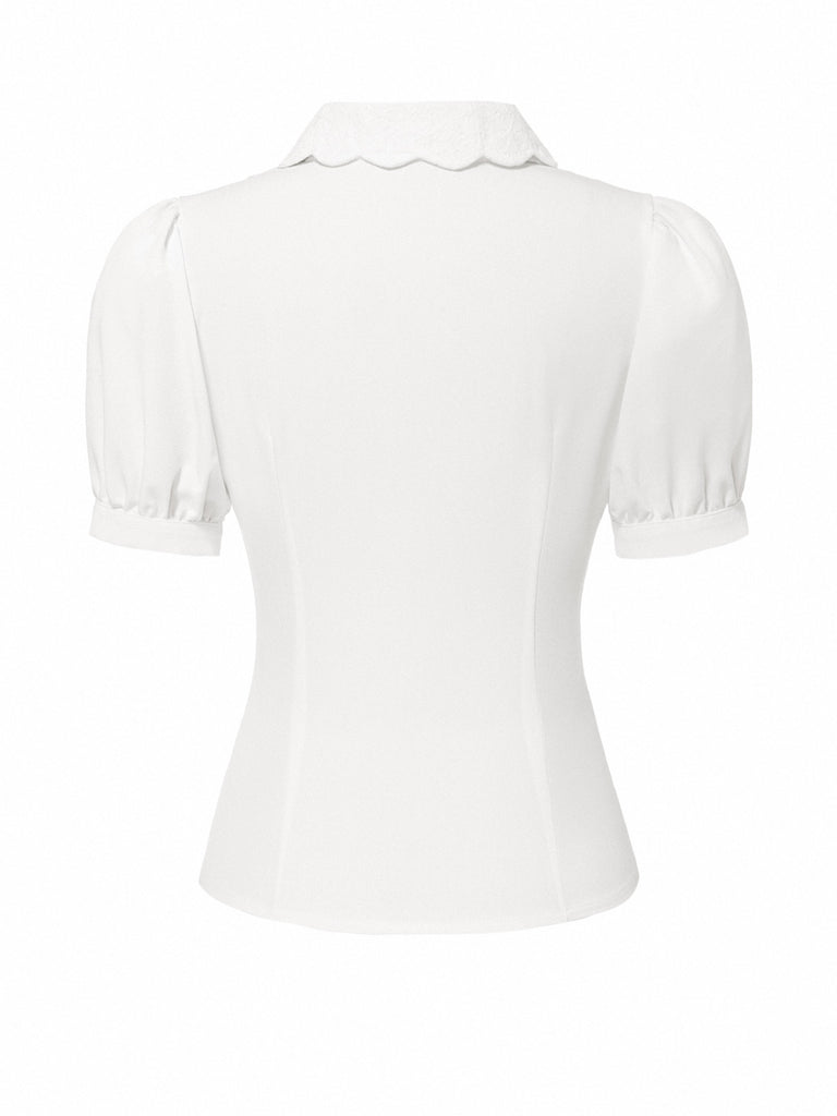 [Pre-Sale] White 1950s Cut-Out Lace Puff Sleeve Blouse