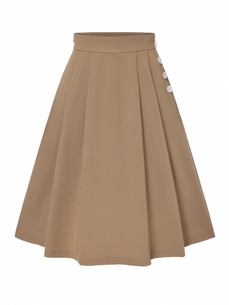 [Pre-Sale] Khaki 1950s Button High-Waist Solid Skirt