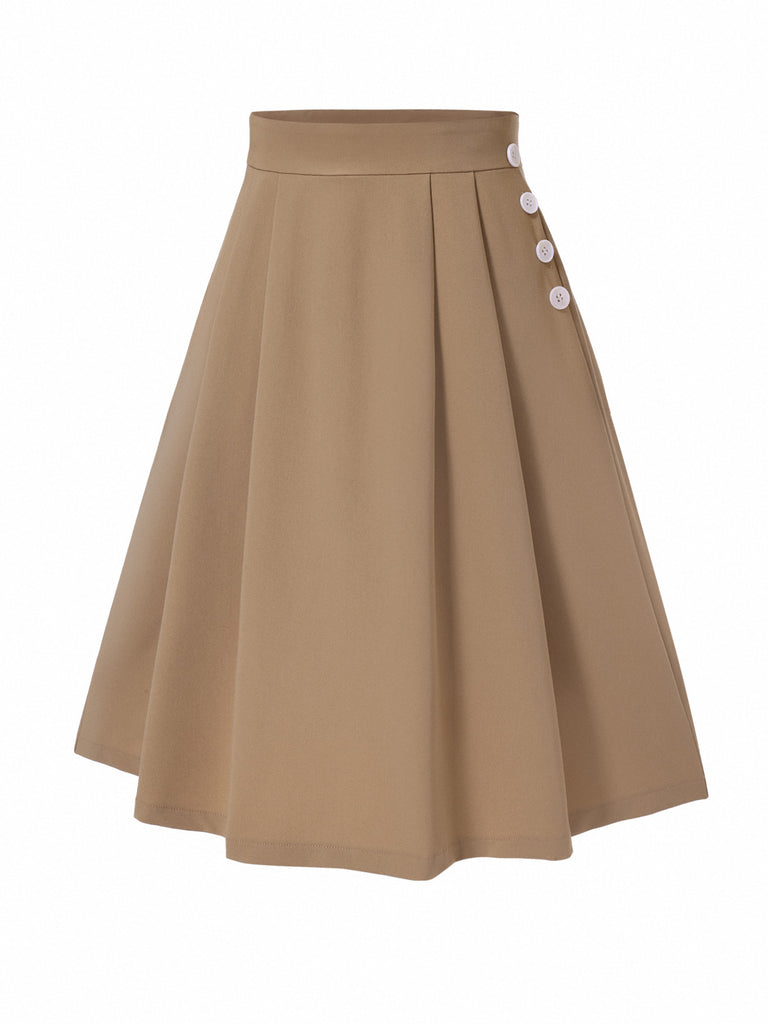 [Pre-Sale] Khaki 1950s Button High-Waist Solid Skirt