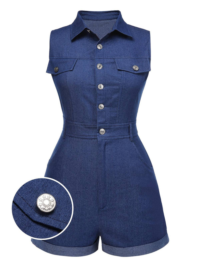 [Pre-Sale] Blue 1970s Solid Cotton Sleeveless Denim Romper